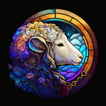 Easter lamb in stained glass style. Head, flowers, mosaic. Colorful image for Easter holiday, interior, t-shirts, wallpapers and posters.
