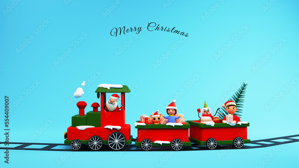 Canvas Prints 3d render santa claus with kids, snowman, reindeer riding on a train against gradient blue backgroun