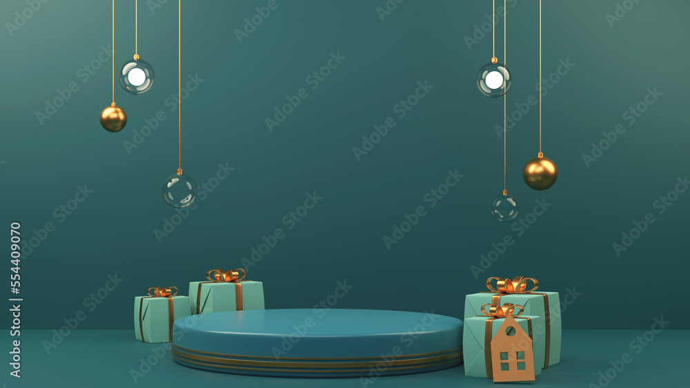 Sticker 3d render gift boxes with empty podium and hanging baubles decorated on gradient teal background.