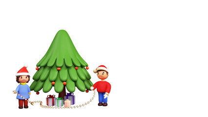Obraz na płótnie Canvas 3D Render Of Cartoon Kids Holding Lighting Garland And Gift Boxes Under Xmas Tree Element.