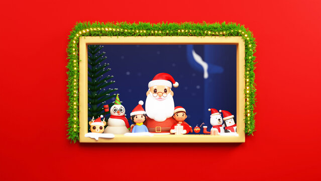 3D Render Of Santa Claus With Kids, Snowman, Funny Animal Looking Outside From Decorative Window On Red Background.