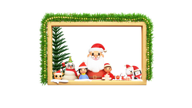 3D Render Of Santa Claus With Kids, Snowman, Funny Animal Looking Outside From Decorative Window.