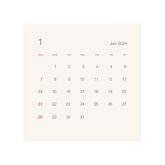 January 2024 calendar page on white background. Calendar background for reminder, business planning, appointment meeting and event.