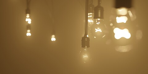 Lightbulb string closeup. Defocused hanging lamp with warm color light. 3d render background illustration