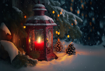 With front of a Christmas tree covered in snow, there are decorative Christmas candles and a vibrant red lantern on a wooden table. Generative AI