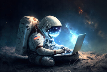 Astronaut using a laptop and light. Generative AI - obrazy, fototapety, plakaty