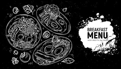 Breakfast food set, eggs, sausages, bacon and spices. Hand-drawn vector sketch for menu.