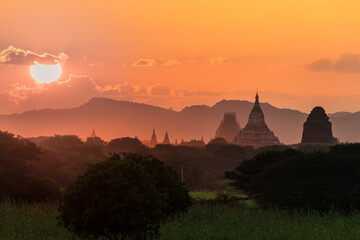 Myanmar Bagan historical site on magical sunset with beautiful sky and Buddhist temple panoramic view