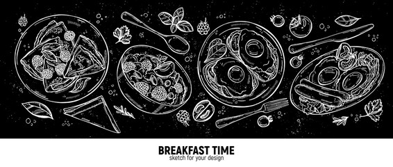 Set of dishes for breakfast. Eggs with bacon and sausages, toast with eggs and cucumber, porridge with berries and pancakes for dessert. Hand-drawn vector sketch.