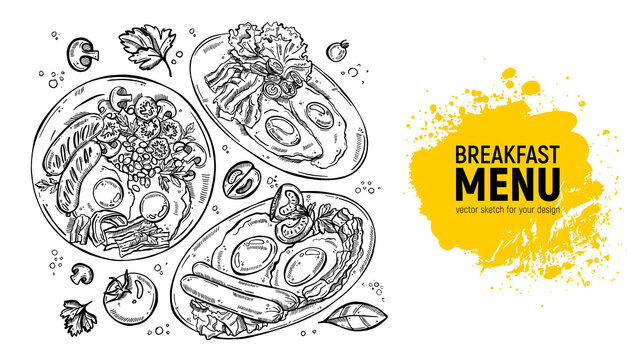 Breakfast food set, eggs, sausages, bacon and spices. Hand-drawn vector sketch for menu.