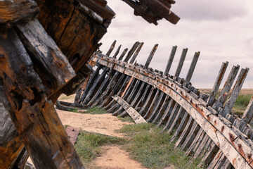 Wooden ship wreck in Portbail Normandie