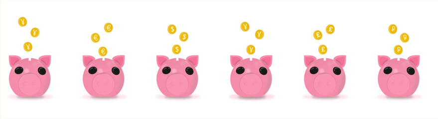 Pink piggy bank with coins, euro, dollar, pound sterling, yuan, yen, ruble, vector illustration
