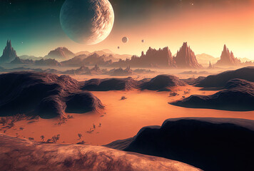 A view of a planet's surface with an alien landscape. Generative AI