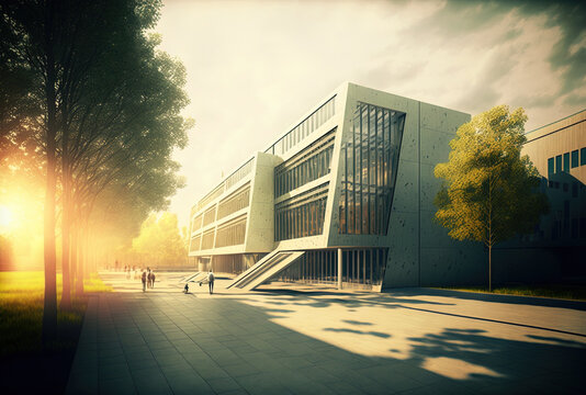 campus building facing the street. contemporary concept image for a school. Generative AI