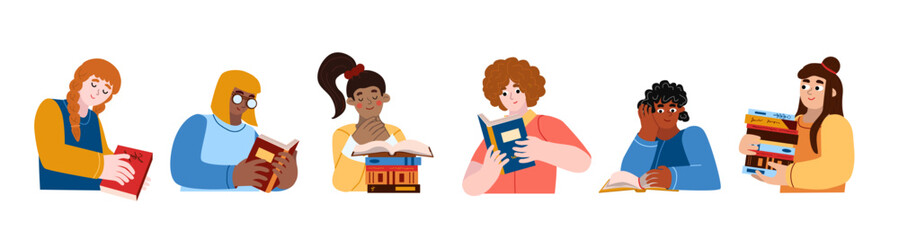Obraz premium Multi-culture people read books. Only woman. Afrcan american, asian, caucasian, latino american are set of reading man characters. Vector illustration about diversity in cartoon style
