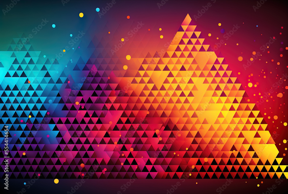 Poster a multicolored gradient backdrop with a dotted line structure and an abstract triangular mosaic. gen