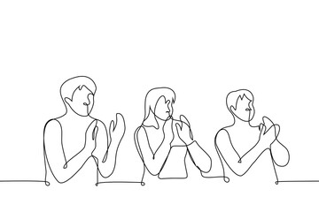 seated people clap their hands - one line drawing vector. applause concept