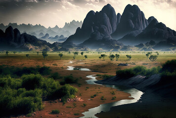 Plains and mountains in the landscape. Asia's nature in general. Generative AI