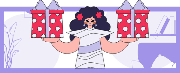 The concept of the holiday and gifts. A woman holds two gifts in her hands. Bright character in the style of the 80s and 90s.