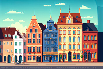 Obraz premium European city with a shopping district. a street lined with merchants. Banner depicting exteriors of buildings. drawing that is flat. Generative AI