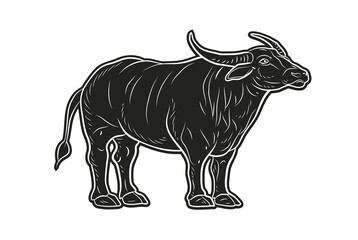 Large wild animal buffalo, black and white image. Vector drawing.