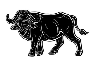 Large wild animal buffalo, black and white image. Vector drawing.