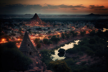 Beautiful twilight view of Trichy (Tiruchirapalli) city, the Kaveri River, and a Hindu temple from the historic Rock Fort (Rockfort), India, South Asia. Generative AI - obrazy, fototapety, plakaty