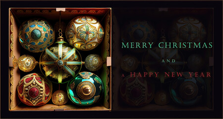 Boxes of Victorian sparkling glass Christmas tree ornaments. Generative AI/