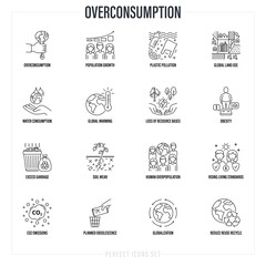 Overconsumption thin line icons set. Plastic pollution, population growth, obesity, global warming, excess garbage, planned obsolescene, CO2 emission, reduce, reuse, recycle. Vector illustration.
