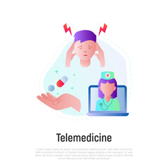 Online consultation. Telemedicine: doctor with stethoscope on screen of laptop. Gradient flat icon. Non-contact diagnostics. Vector illustration.