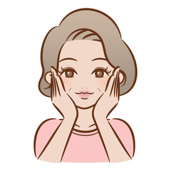 ブラッシュペンで描かれたイラスト / 頬を抑えるシニアの女性