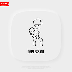 Depression, neurosis, emotional burnout, sad man with rain sign. Negative emotion. Post-covid syndrome. Thin line icon. Vector illustration.