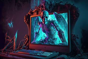illustration of freezing skeleton corpse pop out from computer monitor idea for streaming entertainment service concept.