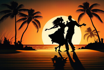 Happy man and lady dancing in a silhouette on a tropical sandy beach with the sun setting in the backdrop. Generative AI