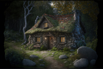 Stone cottage in the woods with a wooden roof. Generative AI