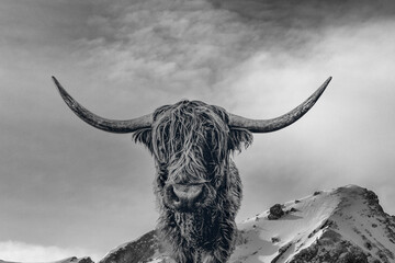 Scottish highland cattle black and white, ideal for Wallpaper or background.