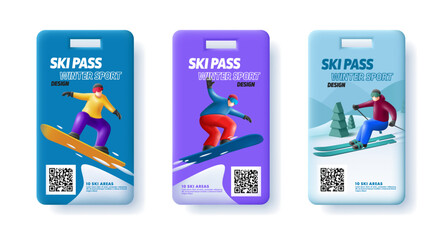 Ski pass admission card template with 3d render illustration of skier and snowboarder on the slope with qr code - obrazy, fototapety, plakaty