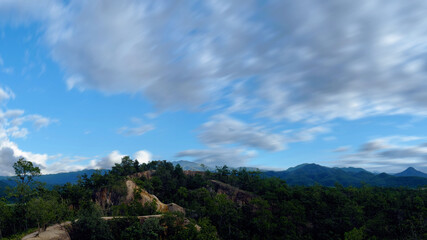 Fototapeta na wymiar beautiful blue sky with mountain have footpath to the top of mountain at Pai Thailand