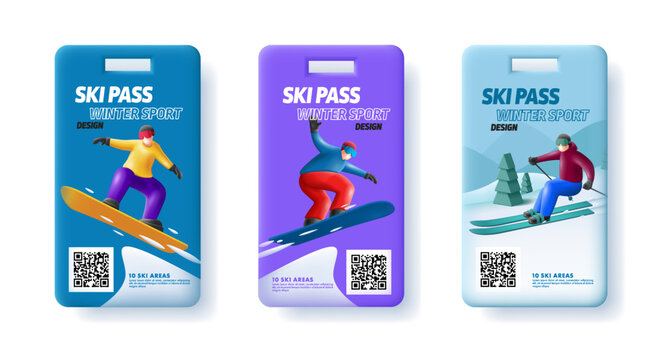 Ski pass admission card template with 3d render illustration of skier and snowboarder on the slope with qr code