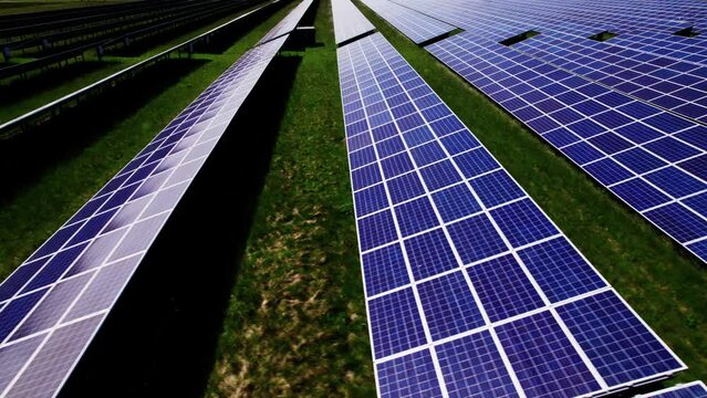 Aerial Panning Shot Of Parallel Lines Of Solar Panel Array