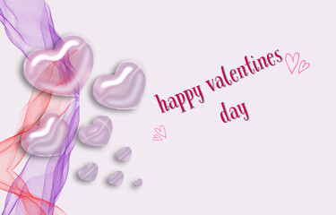 Pink, lilac glass hearts, pink, purple tulle on pink isolated background with i love you, happy valentines day message 