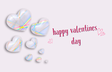 Rainbow colored glass hearts, red chain on pink isolated background for i love you, happy valentines day message 