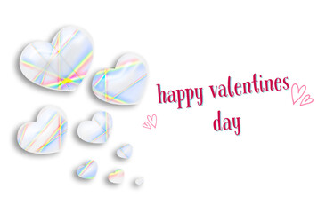 Rainbow colored glass hearts, red chain on pink isolated background for i love you, happy valentines day message 