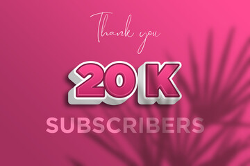 20 K subscribers celebration greeting banner with Pink 3D  Design
