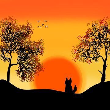 silhouette of a person
A dog sits watching the sunset and a flock of birds flying back to the nest.  The evening atmosphere is warm and the sunlit trees reflect different colors.