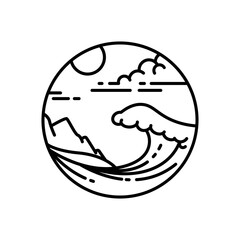 big wave surf logo on tropical beach monoline design