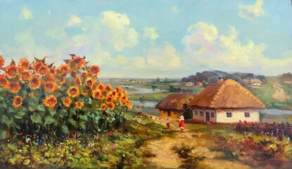 blooming sunflowers near the road passing the country estate