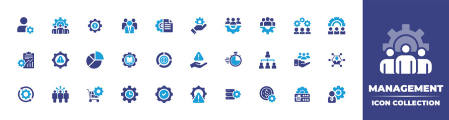 Management icon collection. Duotone color. Vector illustration. Containing profile, management, setting, team, project, team management, human resources, gear, project management, and more.