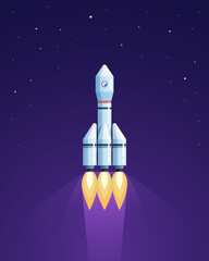Space rocket in the space. Cargo rocket flying in the space. Cartoon spaceship illustration.