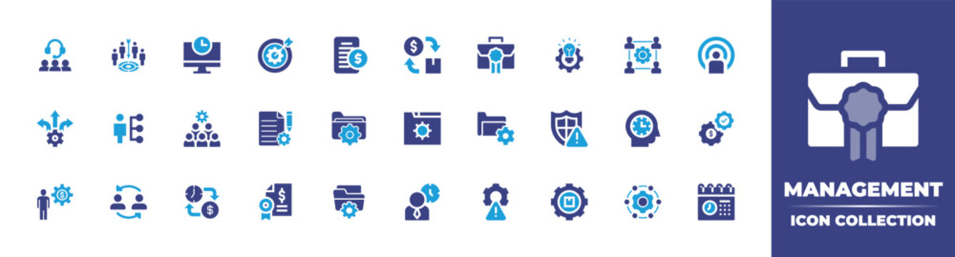 Management icon collection. Duotone color. Vector illustration. Containing customer agent, teamwork, time, target, finance, cash flow, career, innovation, team management, boss, and more.